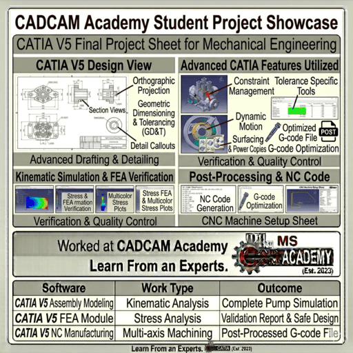 CATIA V5 student practice sheet showing orthographic projections, kinematic simulations, and power copy templates at CADCAM Academy.