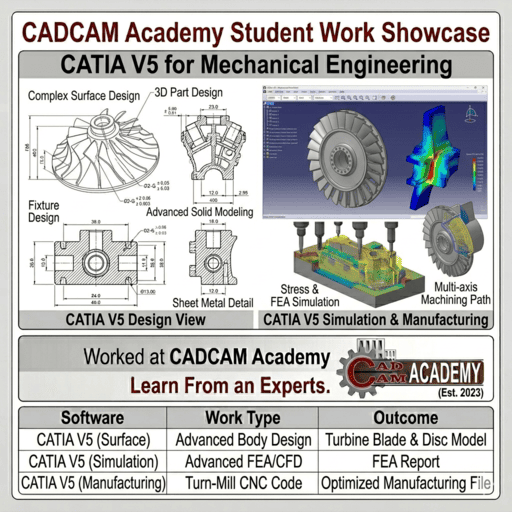 CATIA V5 final project featuring a complete pump assembly simulation and multicolor stress FEA plots by a CADCAM Academy student.