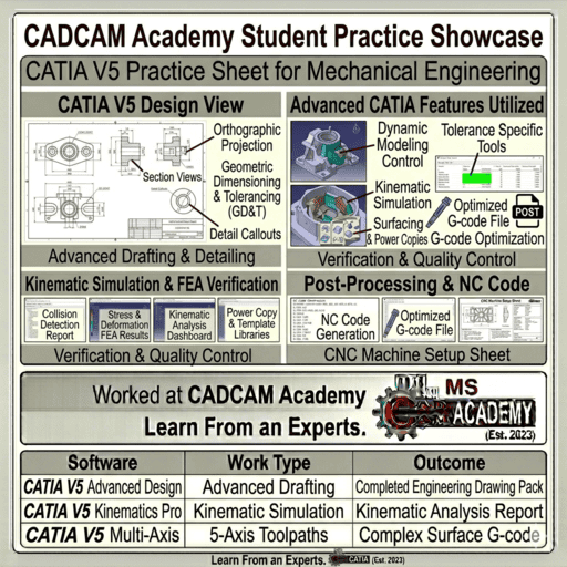 CATIA V5/V6 courses for Mechanical Engineering banner at CADCAM Academy Bhubaneswar highlighting 3D modeling, surface design, PLM, job assistance, and expert training.