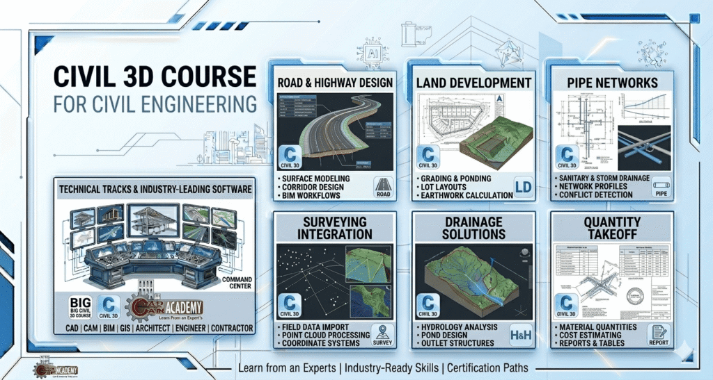 Civil 3D course banner by CADCAM Academy showcasing BIM workflows for roads, highways, land development, pipe networks, and drainage solutions for civil engineers.