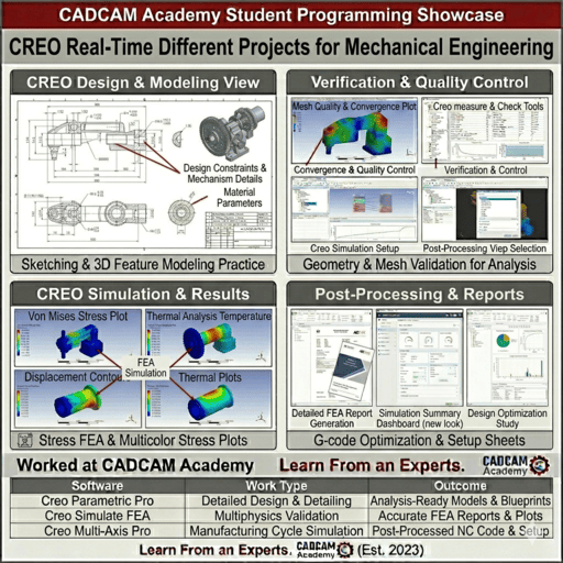 CREO parametric student project featuring an automotive chassis assembly with real-time kinematic simulation and stress analysis at CADCAM Academy.