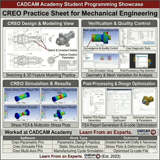 ndustrial-grade mechanical project in CREO showing a 3-speed gearbox mechanism with detailed 2D drafting and 3D modeling by a CADCAM Academy student.