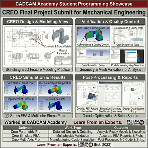 Advanced CREO student work featuring an aerospace turbine blade with real-time thermal and structural FEA results from CADCAM Academy.