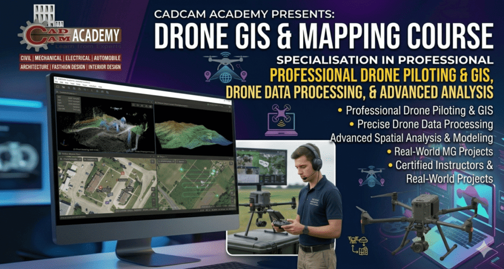 A professional web banner for CADCAM Academy’s Drone GIS & Mapping Course featuring the CADCAM Academy logo, an operator using a drone controller next to a commercial quadcopter, and a large desktop monitor displaying 3D terrain models, point clouds, and flight path mapping software. |Drone Data Processing with GIS Course | Advance Drone Data Analysis Course