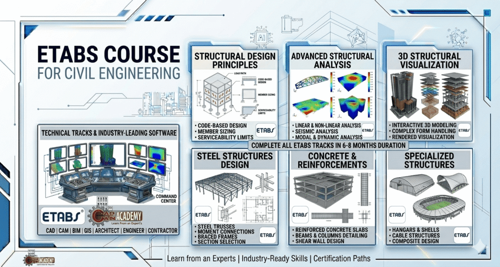ETABS course banner by CADCAM Academy No1 etab training institute showcasing structural analysis, 3D steel design, concrete reinforcements, and seismic analysis projects for civil engineers.