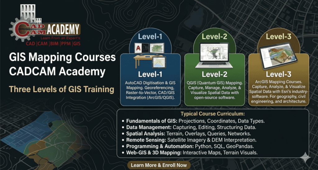 Alt Text: Website banner for CADCAM Academy showcasing its 3-level GIS Mapping Courses, featuring a curriculum that covers AutoCAD digitisation, QGIS open-source mapping, and Esri ArcGIS software training.