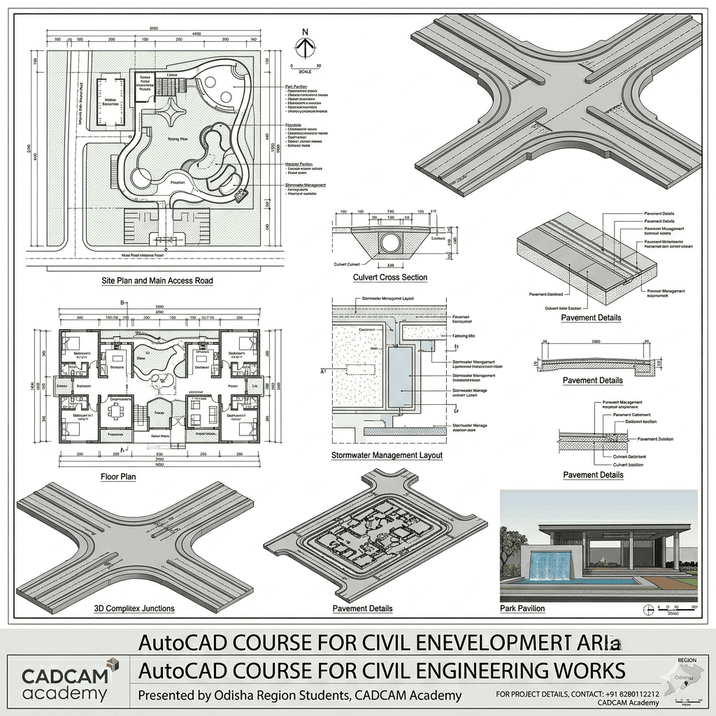 AutoCAD technical drawings including site plans, floor plans, and 3D road junctions for a civil engineering course.