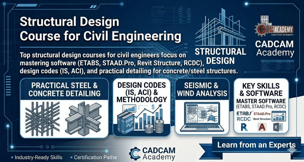 Building structural design analysis course | Professional Structural Design course banner by CADCAM Academy showcasing training in practical steel and concrete detailing, IS/ACI design codes, seismic analysis, and software like ETABS, STAAD.Pro, RCDC, and Revit Structure.