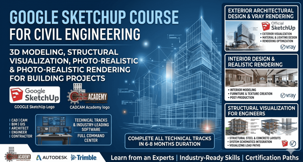 Professional Google SketchUp VRay course banner by CADCAM Academy showcasing interior and exterior photorealistic rendering, 3D building modeling, and structural visualization for civil engineers.
