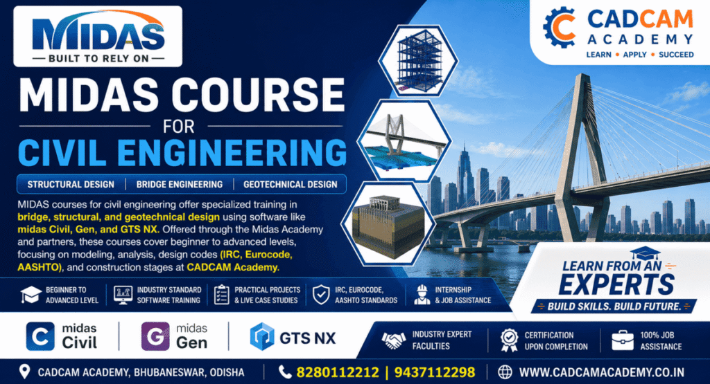 MIDAS course banner by CADCAM Academy showcasing specialized training in bridge, structural, and geotechnical design using midas Civil, Gen, and GTS NX software.