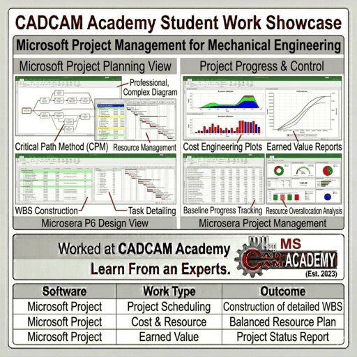 Microsoft Project student work featuring Critical Path Method (CPM), Gantt charts, and resource management for mechanical engineering projects.