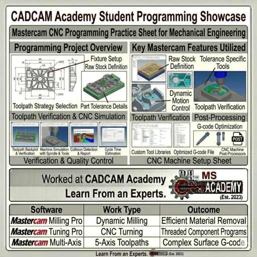 Mastercam software interface showing toolpath backplot, machine simulation with spindle and tools, and cycle time estimation.