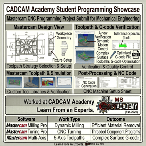 Mastercam final project featuring complex surface toolpaths, G-code optimization, and CNC machine setup sheets by a CADCAM Academy student.