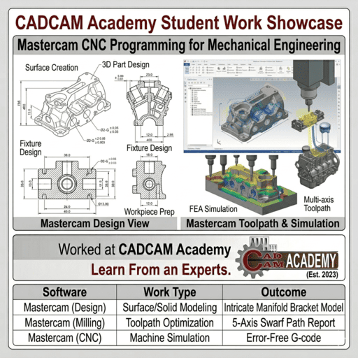 Mastercam student practice sheet showing fixture setup, raw stock definition, and dynamic motion control toolpaths at CADCAM Academy.