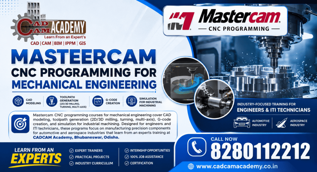 Mastercam CNC programming training for mechanical engineering at CADCAM Academy Bhubaneswar covering CAD modeling, toolpath generation, G-code creation, and simulation for industrial machining.