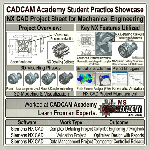 Siemens NX CAD student practice sheet showing 3D component modeling and FEA stress analysis results at CADCAM Academy.