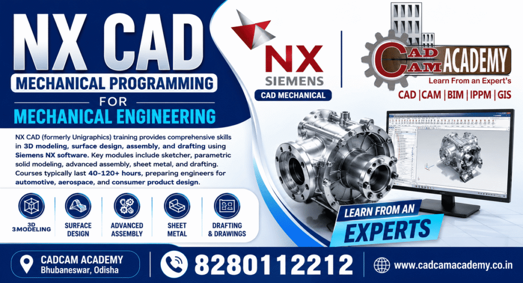NX CAD Mechanical institute | NX CAD Mechanical Programming banner for Mechanical Engineering at CADCAM Academy Bhubaneswar showing Siemens NX training, 3D modeling, assembly, sheet metal, drafting, contact number and website.