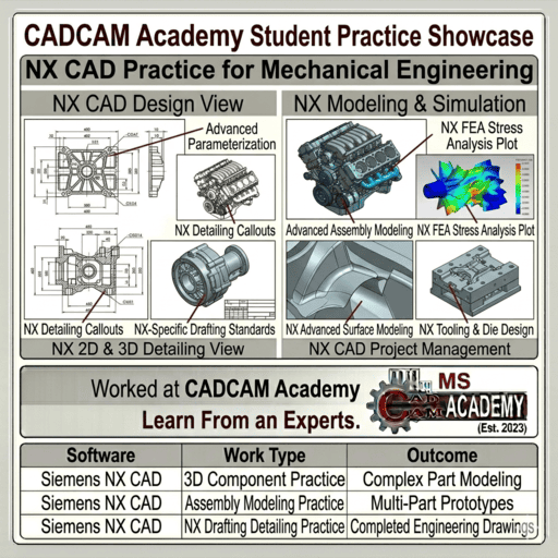 Professional NX CAD project sheet featuring complex detailing, 3D modeling phases, and kinematic validation by a CADCAM Academy student.