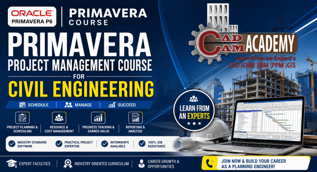Banner for Primavera Training Project Management Course for Civil Engineering at CADCAM Academy featuring Oracle Primavera P6 interface, construction background, and “Learn from an Experts” tagline.