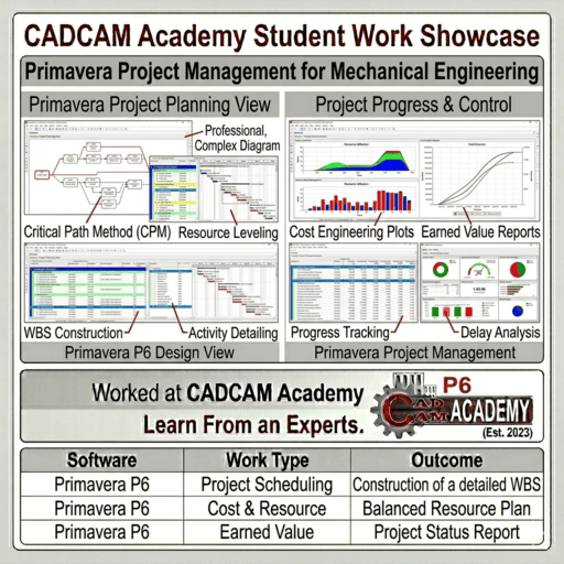 Primavera P6 student work showing Work Breakdown Structure (WBS), project scheduling, and critical path analysis for mechanical engineering projects.