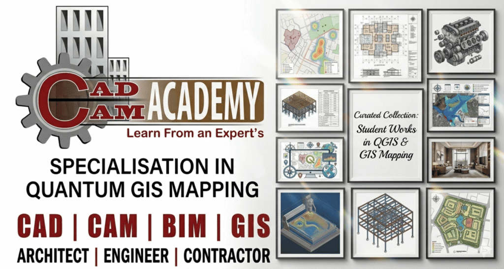 Professional web banner for CADCAM Academy’s Specialisation in Quantum GIS Mapping Course. It showcases the CADCAM Academy logo alongside a curated gallery wall displaying high-quality student works, including QGIS heatmaps, architectural blueprints, 3D structural BIM models, and site plans.