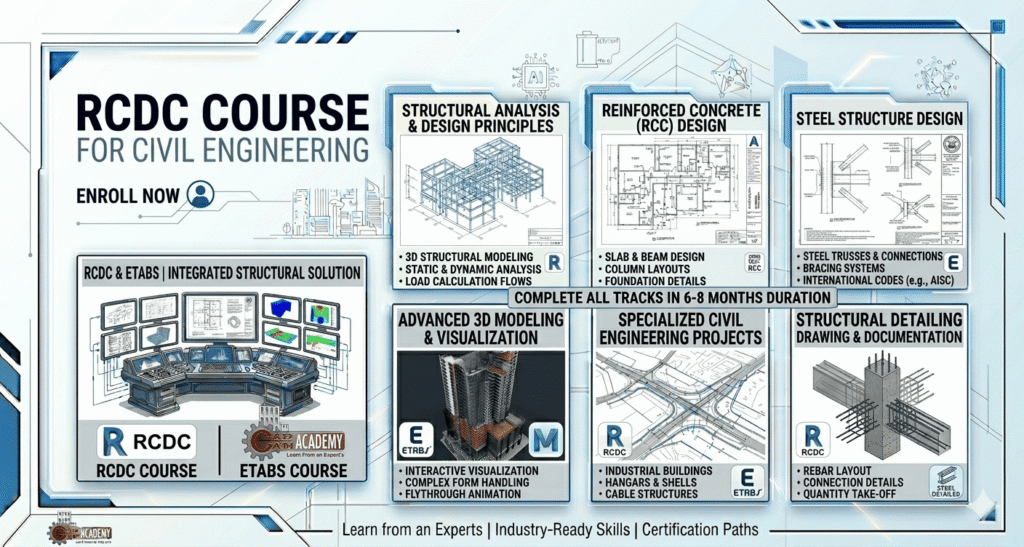Professional RCDC and ETABS course banner by CADCAM Academy showcasing integrated structural solutions, 3D modeling, RCC design, and steel structure analysis.