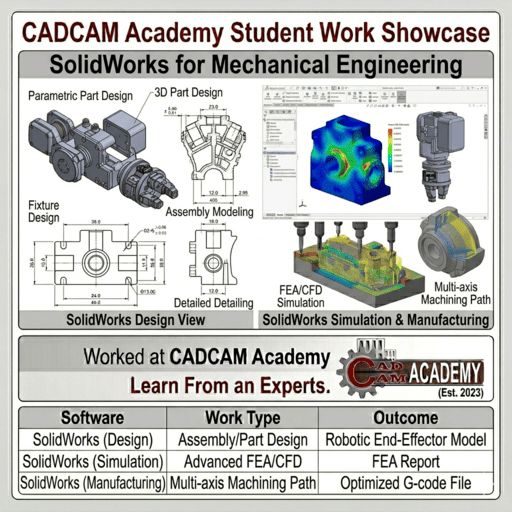 Solidworks student practice sheet featuring sheet metal design, kinematic motion simulation, and GD&T practice at CADCAM Academy.