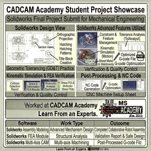 Solidworks final project submission showcasing a collaborative robot assembly with structural FEA analysis by a CADCAM Academy student.