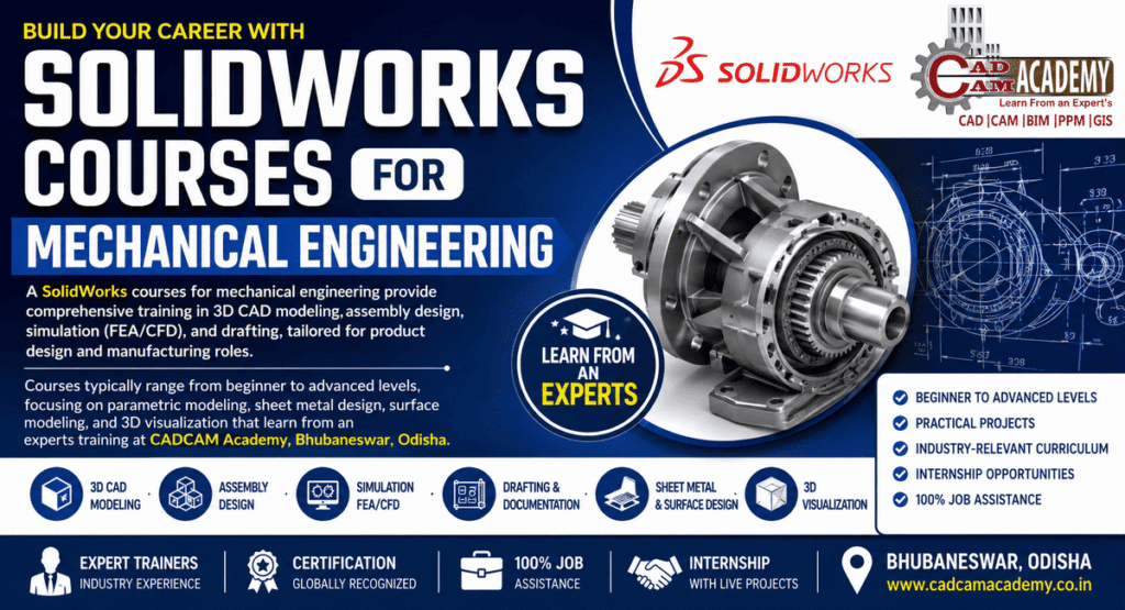 SolidWork training courses for Mechanical Engineering banner by CADCAM Academy Bhubaneswar showing 3D CAD modeling, assembly design, simulation FEA CFD, sheet metal, drafting, and Learn from an Experts tagline.