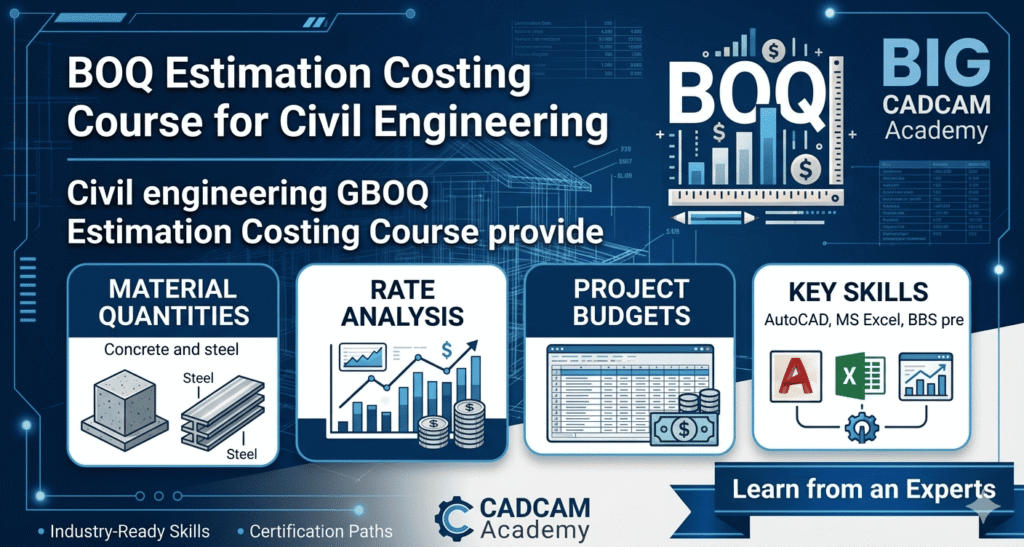 Tekla Structures Structural Design course banner by CADCAM Academy showcasing 3D BIM modeling for steel and concrete, GA shop drawings, rebar detailing, and clash detection for civil engineers.
