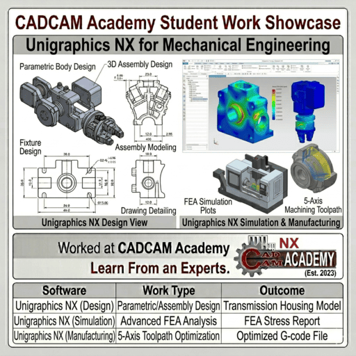 Unigraphics NX student work featuring complex 3D part modeling, parametric design, and feature-based modeling at CADCAM Academy.