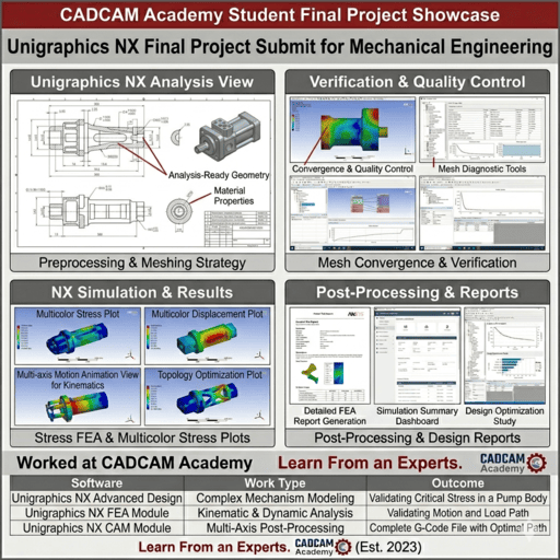 Unigraphics NX student work featuring complex 3D part modeling, parametric design, and feature-based modeling at CADCAM Academy.