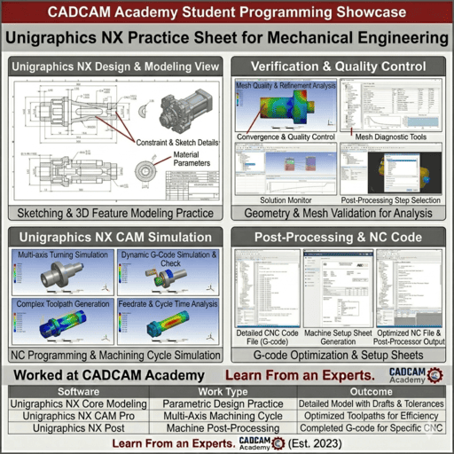UG NX student project showcasing a multi-component mechanical assembly and professional engineering detailing with GD&T.