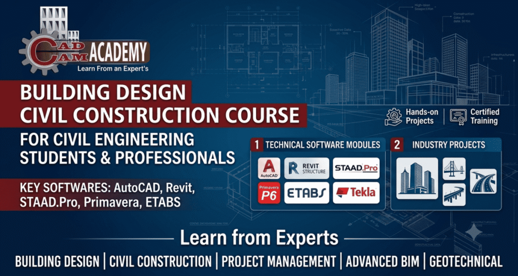 CADCAM Academy banner promoting a Building Design & Civil Construction Course for engineering students and professionals.