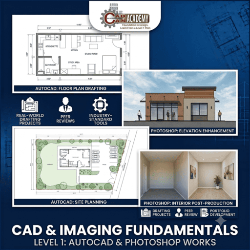 CAD CAM Academy Level 1 student portfolio featuring AutoCAD 2D architectural floor plans, site plans, and Photoshop exterior elevation enhancements.