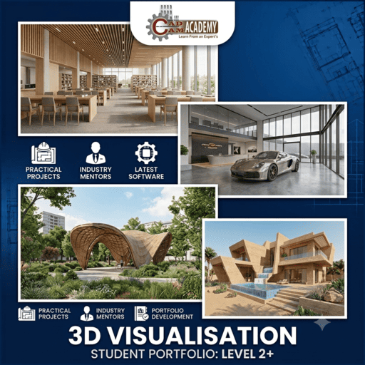 CAD CAM Academy Level 2 student portfolio displaying 3D architectural modeling in SketchUp and realistic V-Ray interior and exterior renders.