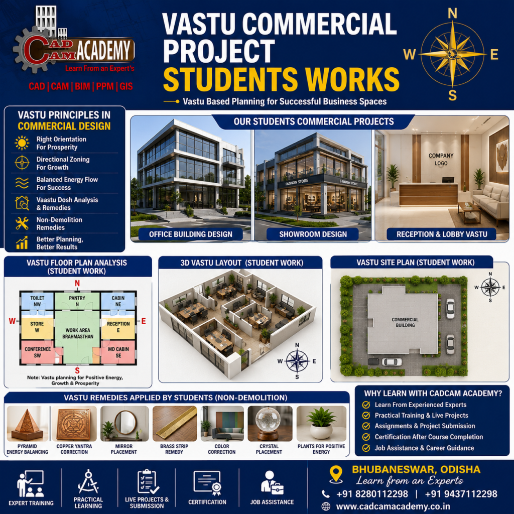 Vastu commercial building design student project with office, showroom, floor plan and 3D layout