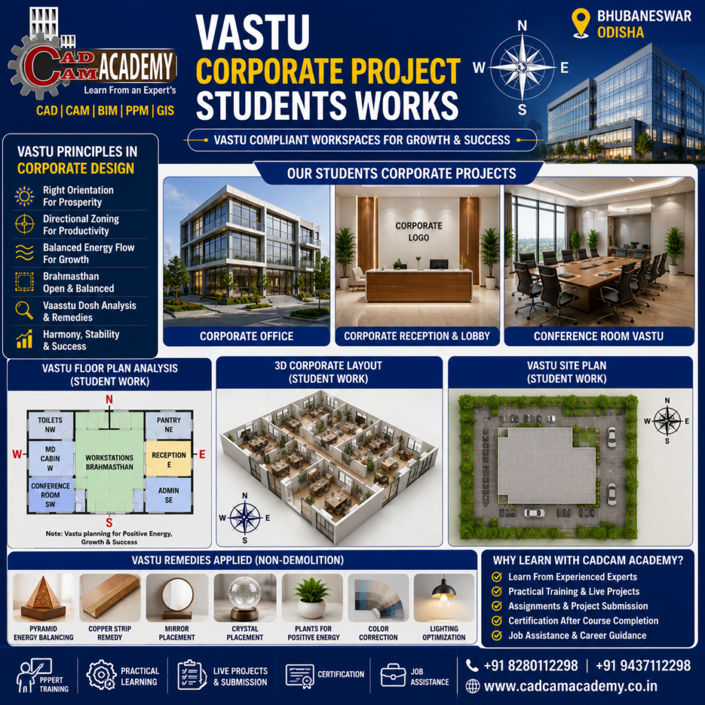 Vastu corporate building design student project with office layout, reception, conference room and site plan