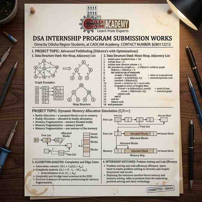 A detailed project sheet for a computer science Data Structures and Algorithms internship submission, showing code, diagrams for graphs and memory allocation, and analytical results.