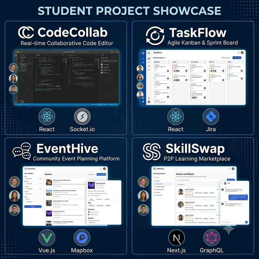 Four browser mockups of innovative digital tools: a VS Code-style real-time collaborative editor, a visual Kanban task board, an event management and mapping app, and a P2P tutoring chat platform.